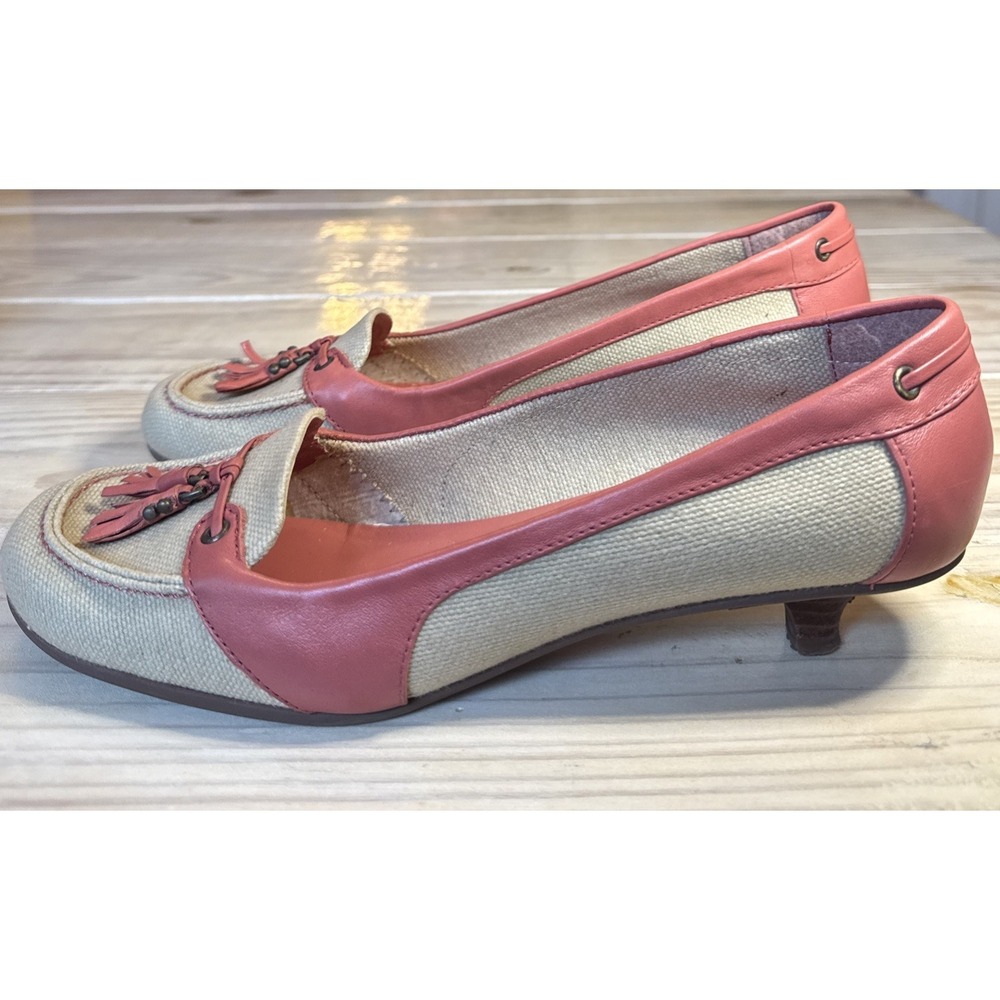 Enzo Angiolini Women's Shoes Red Leather Tan Canvas Kitten Heel Size 8.5